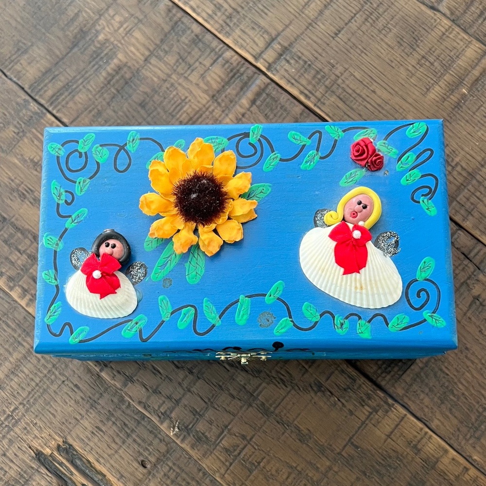 Hand-painted Keepsake/Jewelry Box, Wood, Angels, Sunflower 8" x 4.5" x 3.5"